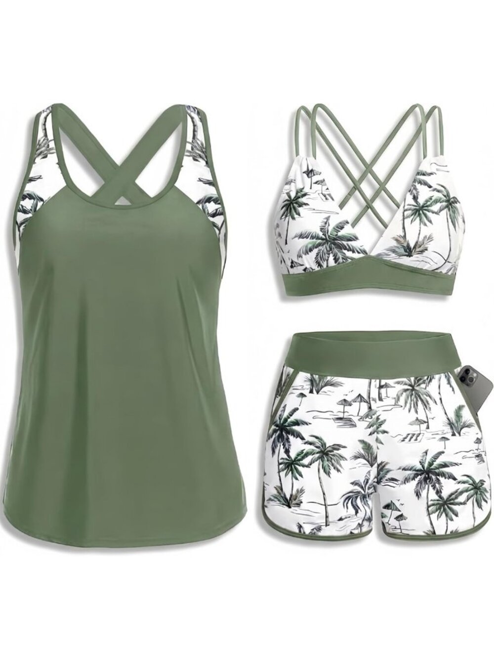 Stylish 3-Piece Tankini Swimsuit Set with Tummy Control & Bra Pocket, Boy Shorts